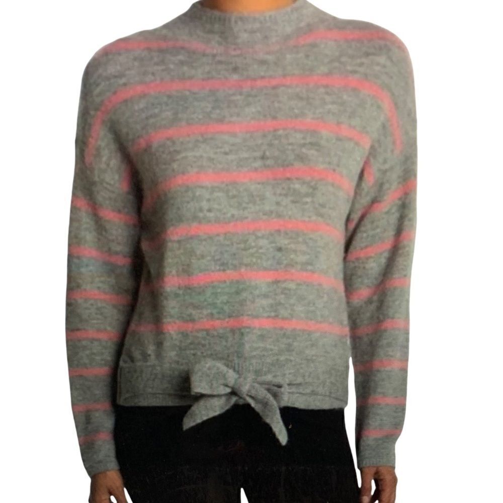 WAYF Women’s Striped Front Tie Crew Neck Sweater Gray/Pink Size Medium